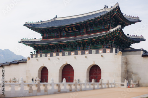 Gyeongbokgung Palace, Seoul, Jongno District, South Korea, in a spring sunny day, exterior view of main Korean royal palace with Gwanghwamun Gate, travel to Republic of Korea