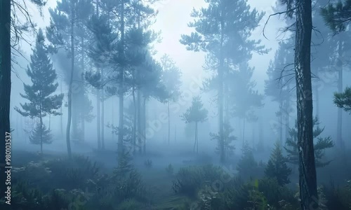 Tall pines in a foggy forest, Video