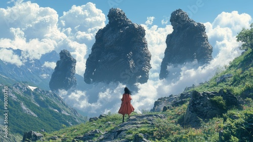 A girl traversing a treacherous mountain range her path guarded by towering sentient stone golems photo