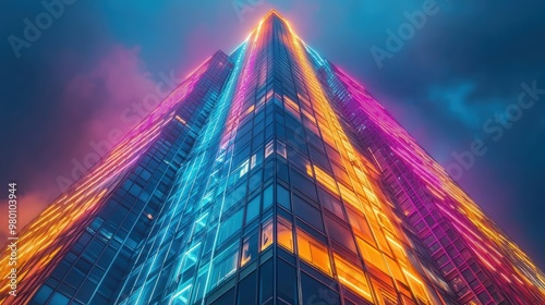 Wallpaper Mural Dramatic low-angle shot of a towering neon-lit skyscraper at night its reflective glass facade and architectural details highlighted by the vibrant multicolored lighting Torontodigital.ca