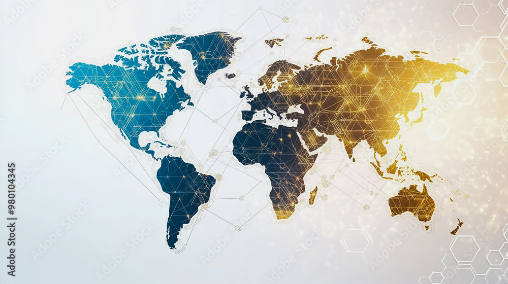 Obraz premium Abstract white background with Colorful business connection of line from nail node to node on world map background Innovation network points Earth's surface