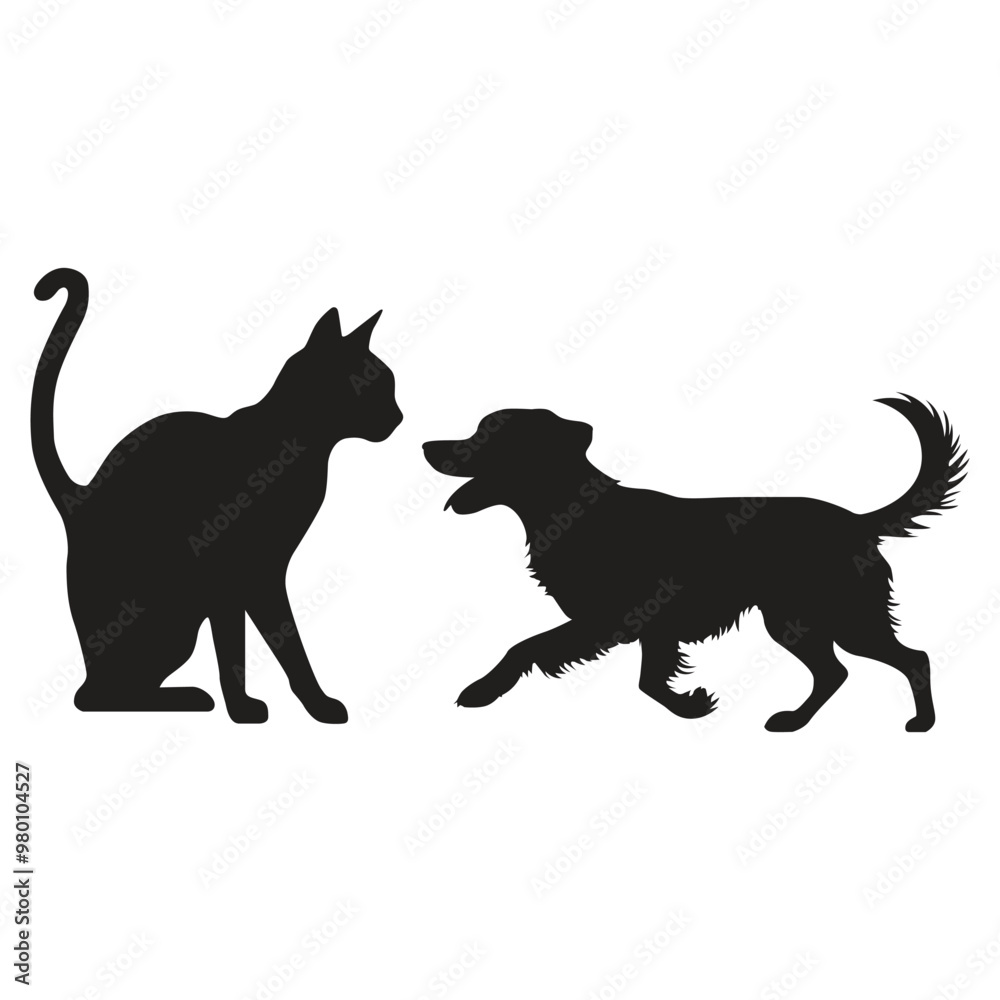 This is a simple black and white illustration of a cat & dog silhouette. This is a simple black and white illustration of a cat & dog silhouette.