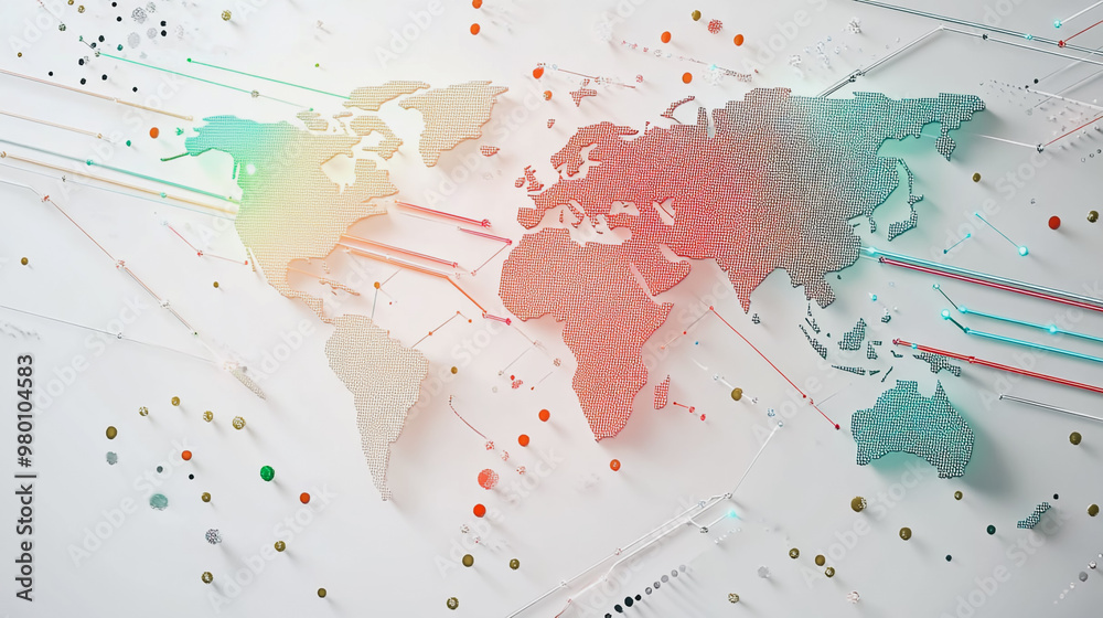 Fototapeta premium Abstract white background with Colorful business connection of line from nail node to node on world map background Innovation network points Earth's surface