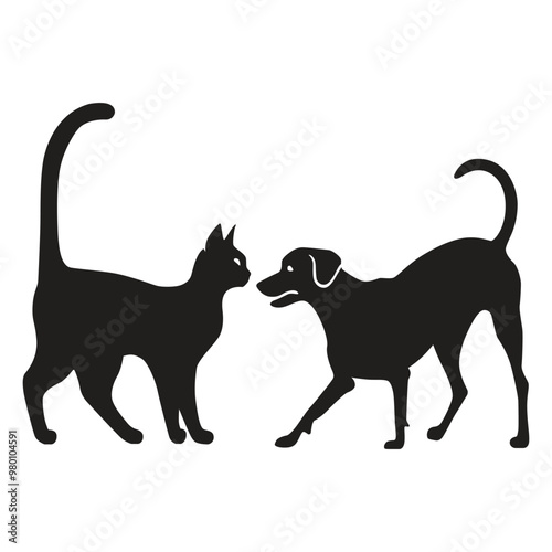 This is a simple black and white illustration of a cat & dog silhouette.