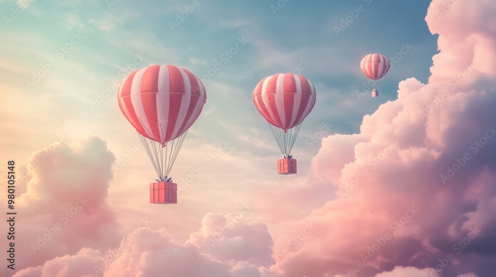 Fototapeta premium A Box flying on a parachute with pink cloud,vector illustration of package flying down from sky and cloud with parachute, concept for delivery service,shopping online,air delivery service.