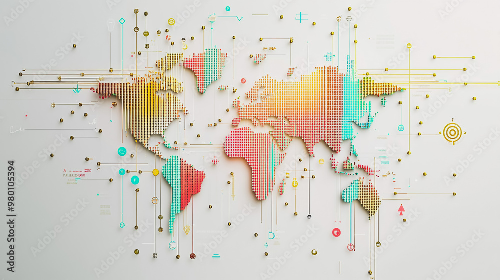 Obraz premium Abstract white background with Colorful business connection of line from nail node to node on world map background Innovation network points Earth's surface