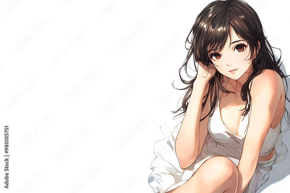 Anime girl with long brown hair wearing a white dress sitting on a white background Anime girl with long brown hair wearing a white dress sitting on a white background