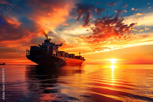 A cargo ship on the sea at sunset