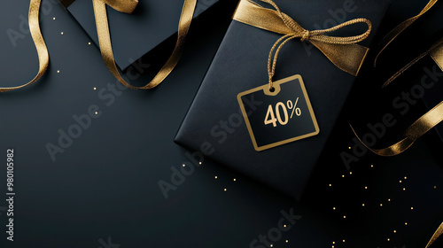 Elegant black and gold gift boxes with 40% discount tag on a dark background