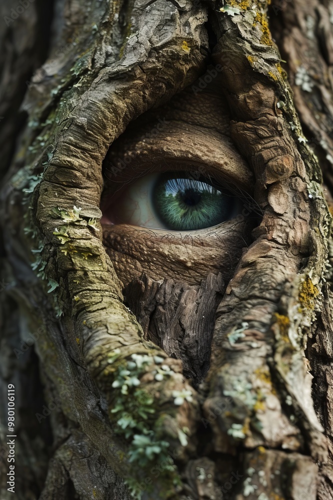 Close-up view of an eye embedded in a tree bark representing intriguing natural art. Close-up view of an eye embedded in a tree bark representing intriguing natural art.