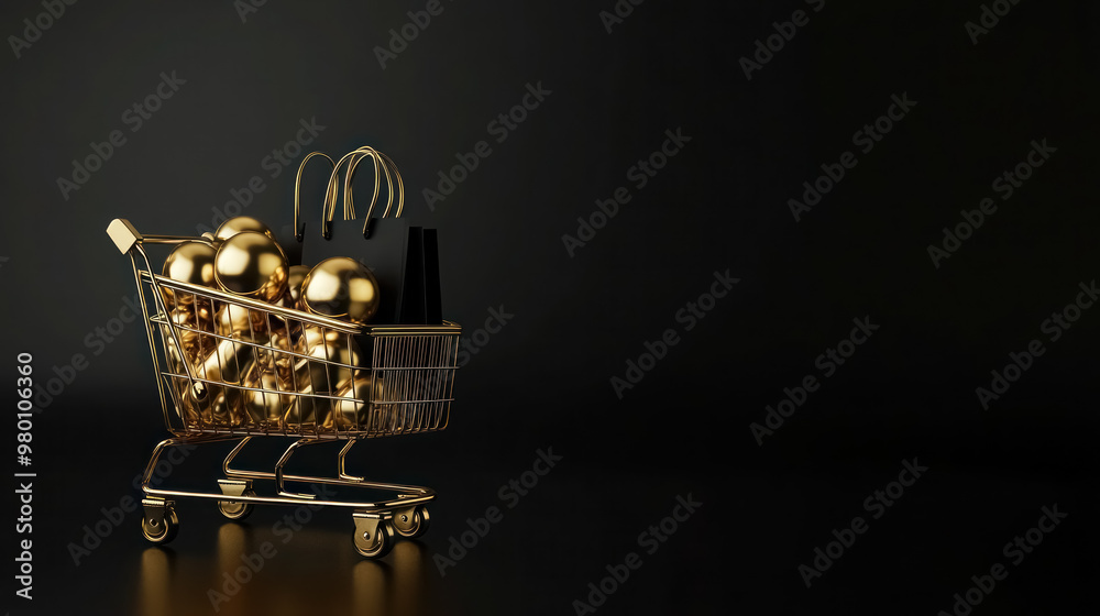 golden shopping cart filled with black bags and gold ornaments on dark backdrop golden shopping cart filled with black bags and gold ornaments on dark backdrop
