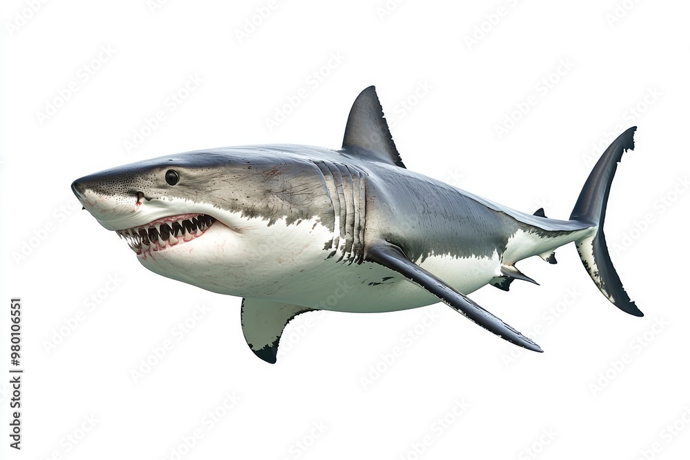 great white shark - Carcharodon carcharias - full view while swimming, face and teeth visible isolated on white background all fins and gills showing, ai great white shark - Carcharodon carcharias - full view while swimming, face and teeth visible isolated on white background all fins and gills showing, ai