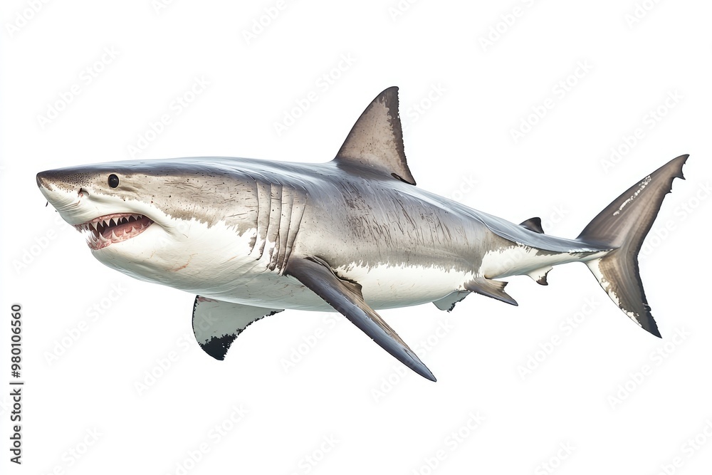Obraz premium great white shark - Carcharodon carcharias - full view while swimming, face and teeth visible isolated on white background all fins and gills showing, ai