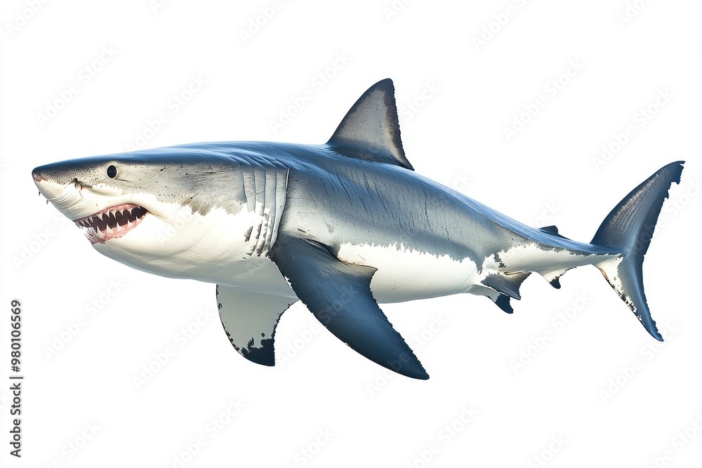 great white shark - Carcharodon carcharias - full view while swimming, face and teeth visible isolated on white background all fins and gills showing, ai