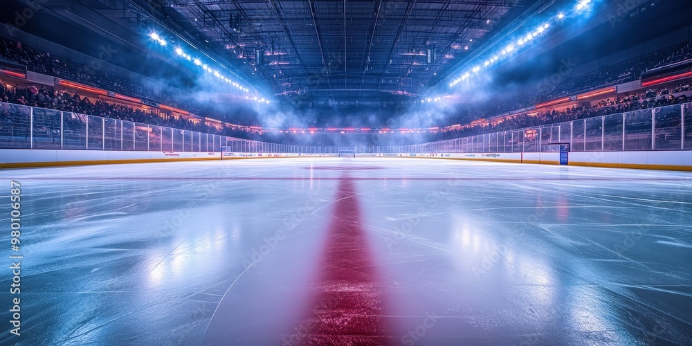 Professional Ice Hockey Rink Illuminated with Spotlights and Foggy Atmosphere
