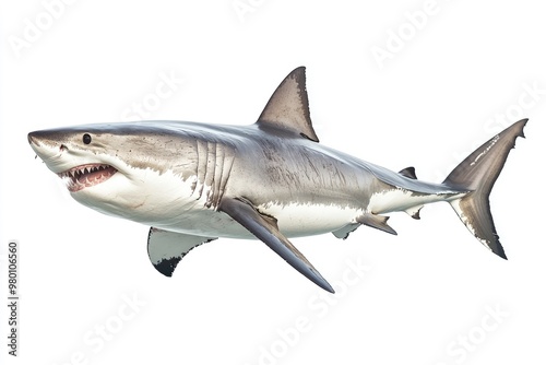 great white shark - Carcharodon carcharias - full view while swimming, face and teeth visible isolated on white background all fins and gills showing, ai