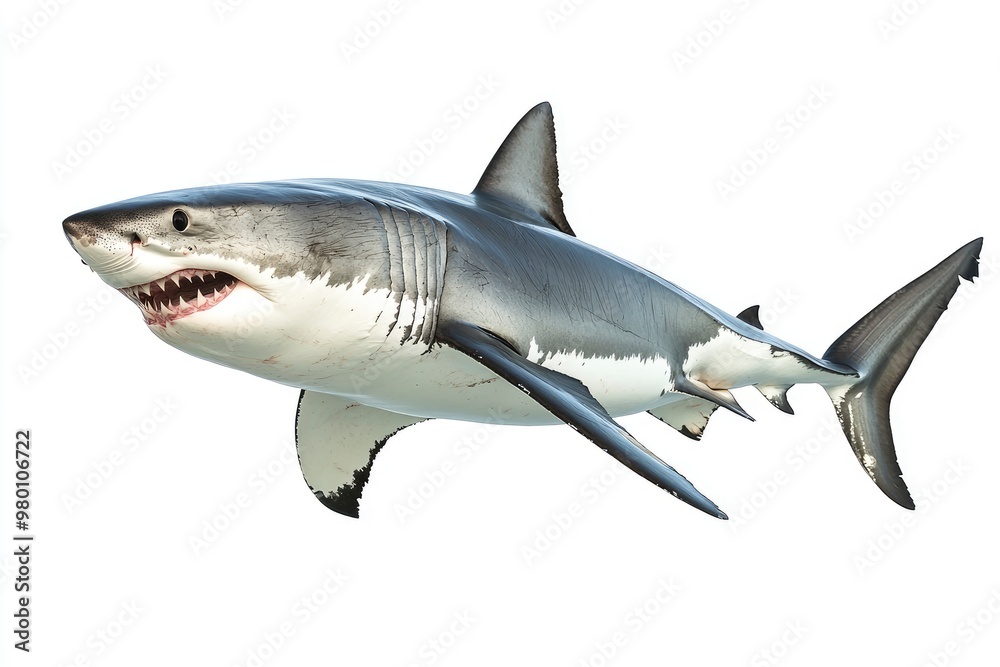 Naklejka premium great white shark - Carcharodon carcharias - full view while swimming, face and teeth visible isolated on white background all fins and gills showing, ai