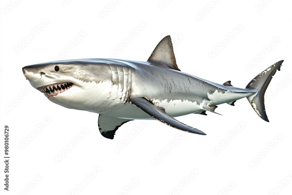 great white shark - Carcharodon carcharias - full view while swimming, face and teeth visible isolated on white background all fins and gills showing, ai great white shark - Carcharodon carcharias - full view while swimming, face and teeth visible isolated on white background all fins and gills showing, ai