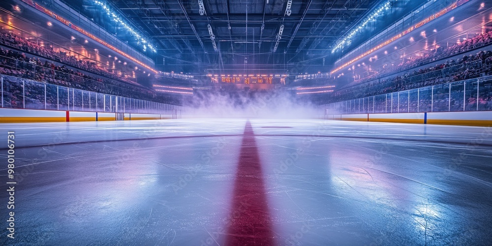 Professional Ice Hockey Rink Illuminated with Spotlights and Foggy Atmosphere Professional Ice Hockey Rink Illuminated with Spotlights and Foggy Atmosphere