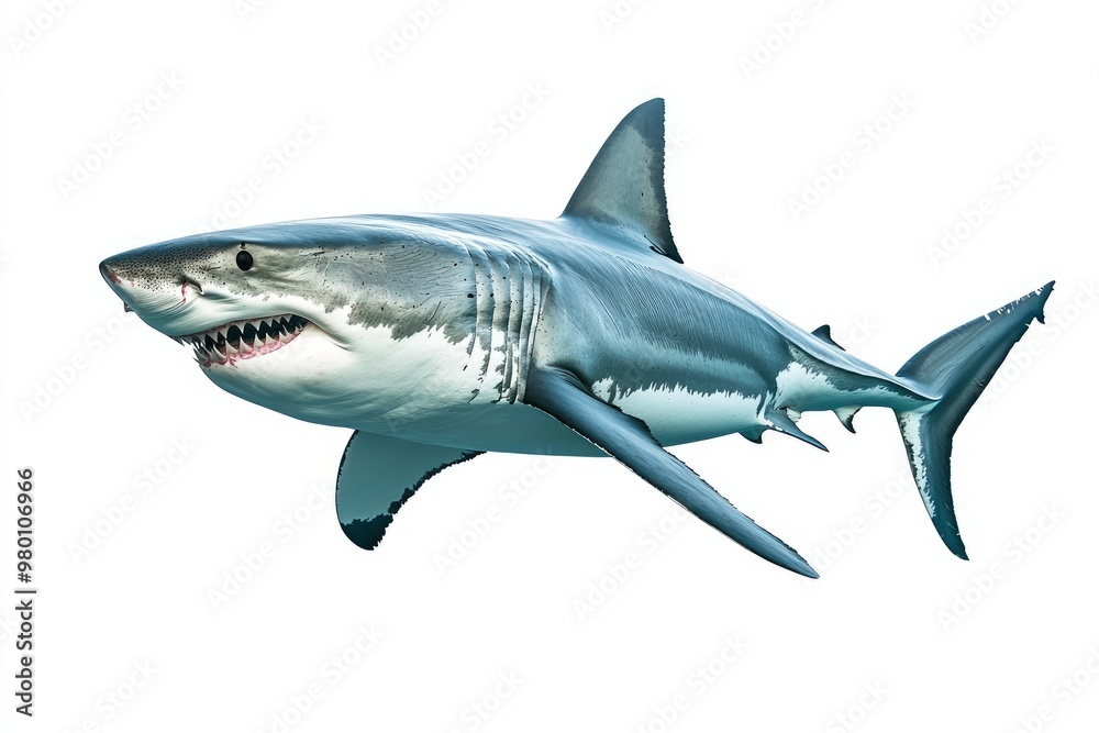 Fototapeta premium great white shark - Carcharodon carcharias - full view while swimming, face and teeth visible isolated on white background all fins and gills showing, ai