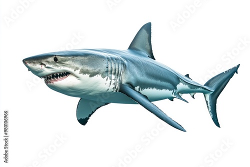 great white shark - Carcharodon carcharias - full view while swimming, face and teeth visible isolated on white background all fins and gills showing, ai