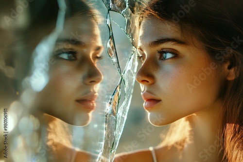 A young woman stares intently into a broken mirror, her reflection distorted and seemingly more beautiful and successful photo