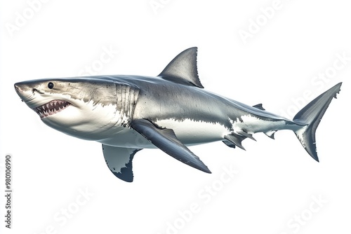 great white shark - Carcharodon carcharias - full view while swimming, face and teeth visible isolated on white background all fins and gills showing, ai