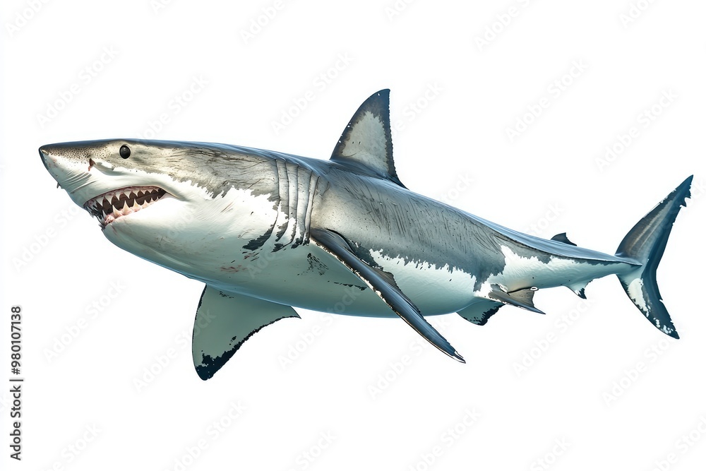 great white shark - Carcharodon carcharias - full view while swimming, face and teeth visible isolated on white background all fins and gills showing, ai great white shark - Carcharodon carcharias - full view while swimming, face and teeth visible isolated on white background all fins and gills showing, ai