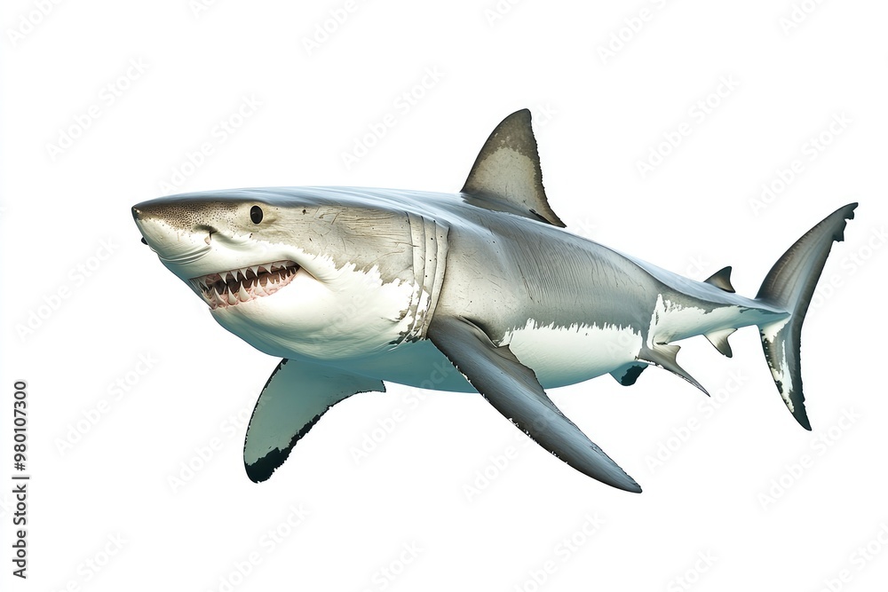 Obraz premium great white shark - Carcharodon carcharias - full view while swimming, face and teeth visible isolated on white background all fins and gills showing, ai
