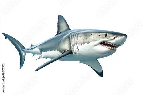 great white shark - Carcharodon carcharias - full view while swimming, face and teeth visible isolated on white background all fins and gills showing, ai