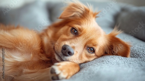 A close-up of a relaxed golden dog resting on a soft surface. photo