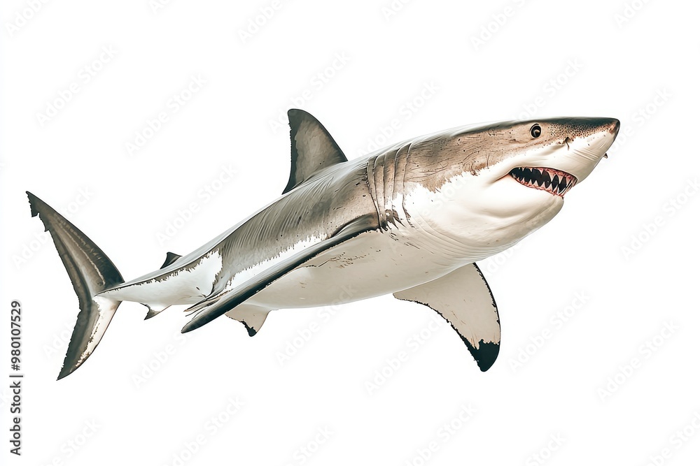 great white shark - Carcharodon carcharias - full view while swimming, face and teeth visible isolated on white background all fins and gills showing, ai great white shark - Carcharodon carcharias - full view while swimming, face and teeth visible isolated on white background all fins and gills showing, ai