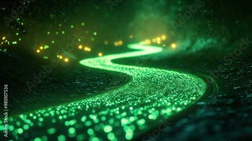 Luminous Cyberpunk Journey - Futuristic Neon-Green Pathway with Dramatic Low-Angle Perspective