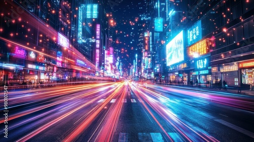 Urban Nightlife Symphony: Mesmerizing Long-Exposure Vibrant City Lights Painting Energy and Excitement