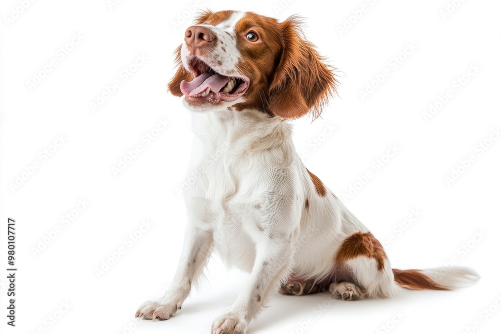 Happy brittany spaniel dog panting and sitting on a white background, ai Happy brittany spaniel dog panting and sitting on a white background, ai