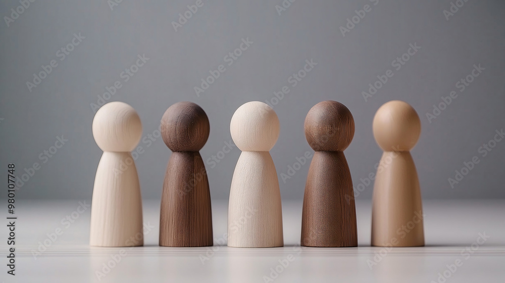 Five wooden figures of different colors and designs are neatly arranged on a table, set against a smooth gray backdrop, highlighting their unique characteristics Five wooden figures of different colors and designs are neatly arranged on a table, set against a smooth gray backdrop, highlighting their unique characteristics