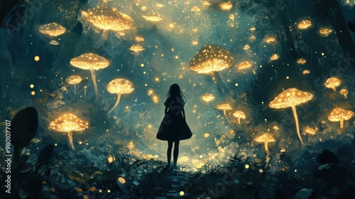 A girl wandering through a whimsical forest filled with glowing sentient mushrooms and tiny mischievous fairies photo