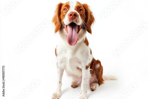 Happy brittany spaniel dog panting and sitting on a white background, ai