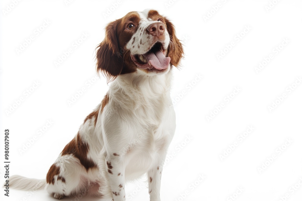 Happy brittany spaniel dog panting and sitting on a white background, ai Happy brittany spaniel dog panting and sitting on a white background, ai