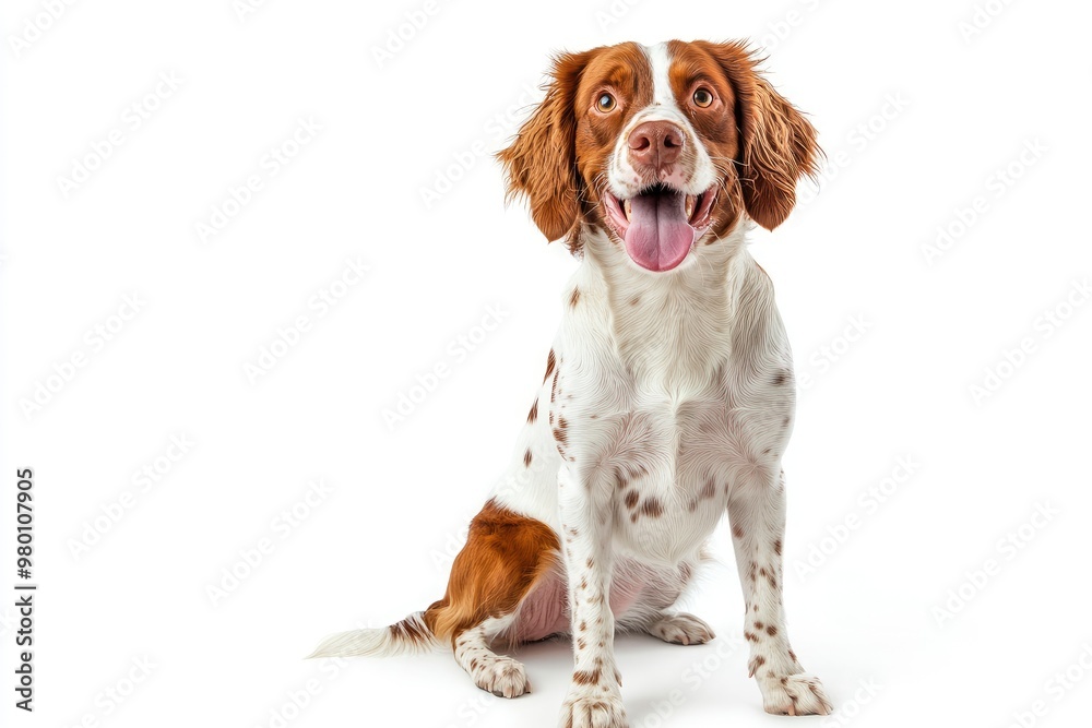 Happy brittany spaniel dog panting and sitting on a white background, ai Happy brittany spaniel dog panting and sitting on a white background, ai