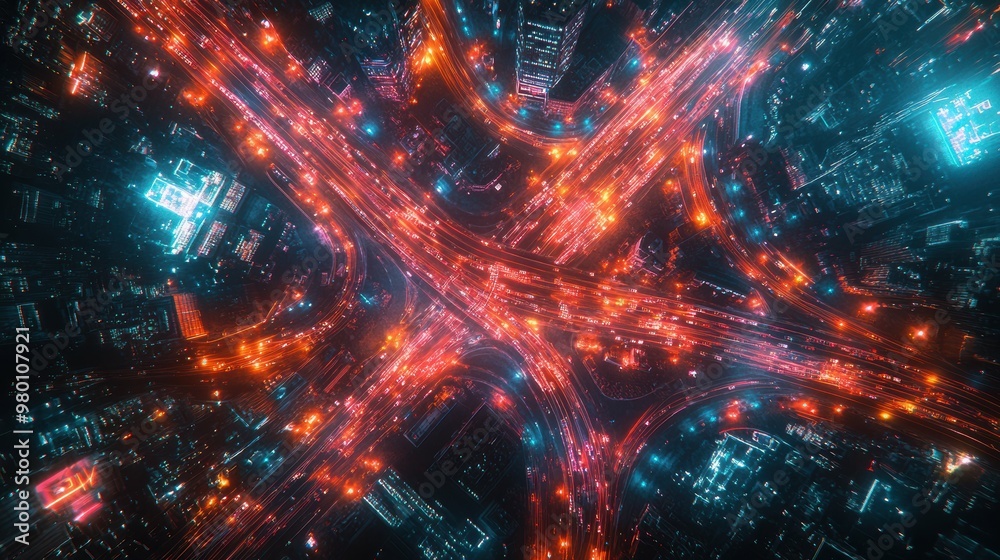 Overhead bird's eye view of a sprawling neon-lit cityscape with a tangled web of glowing multicolored lines tracing the roads and infrastructure conveying a sense of technological advancement and Overhead bird's eye view of a sprawling neon-lit cityscape with a tangled web of glowing multicolored lines tracing the roads and infrastructure conveying a sense of technological advancement and