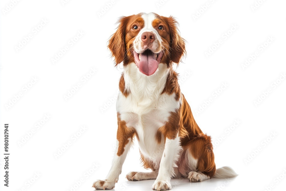 Happy brittany spaniel dog panting and sitting on a white background, ai Happy brittany spaniel dog panting and sitting on a white background, ai