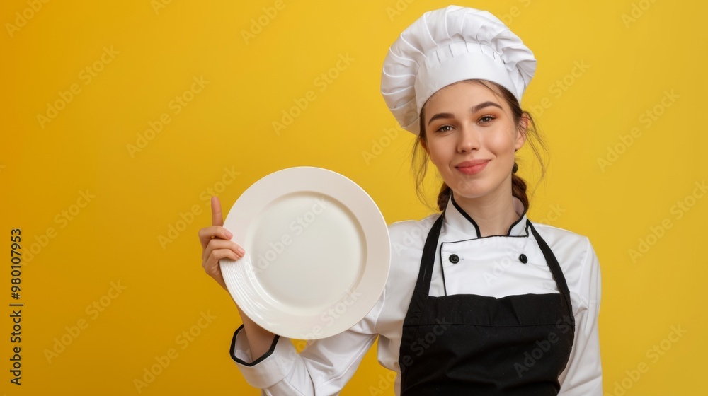 beautiful woman in chef suit holding a plate on yellow background beautiful woman in chef suit holding a plate on yellow background