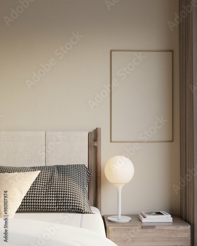 poster mockup in bedroom interior background. modern scandinavian style. 3d Rendering