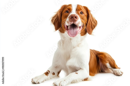 Happy brittany spaniel dog panting and sitting on a white background, ai