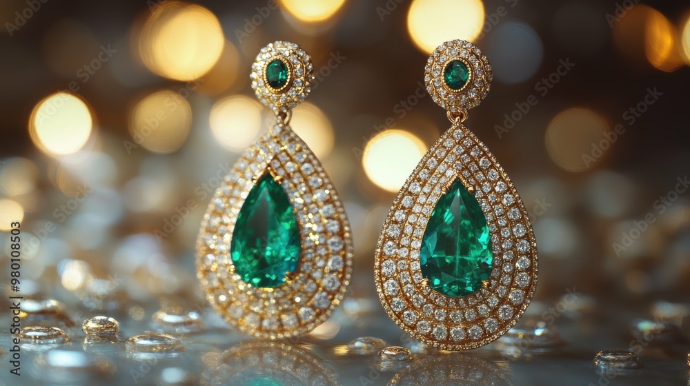 Opulent diamond and emerald earrings with a classic dangle-style silhouette and a brilliant sparkle with free copy space Opulent diamond and emerald earrings with a classic dangle-style silhouette and a brilliant sparkle with free copy space