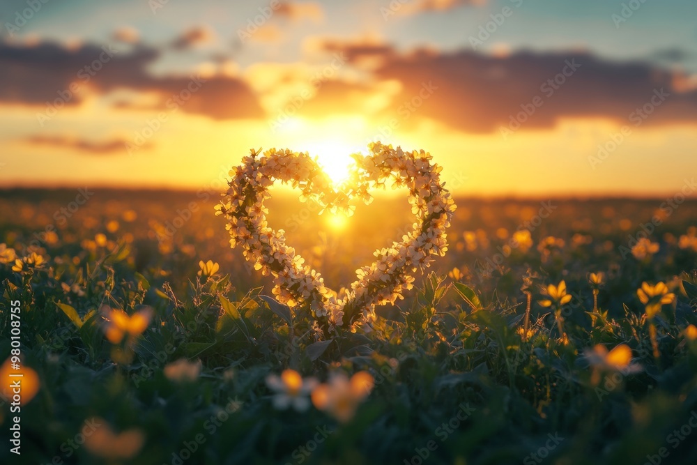 Fototapeta premium A sunlit blooming field with intertwined flowers forming a heart shape in the warm evening light