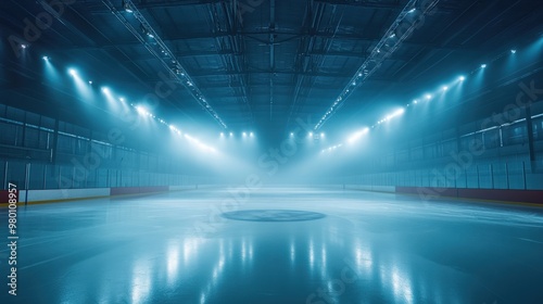 Professional Ice Hockey Rink Illuminated with Spotlights and Foggy Atmosphere