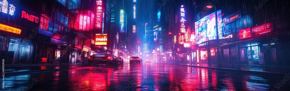 Obraz premium Cyberpunk City Streets with Neon Lights and Rainy Foggy Atmosphere