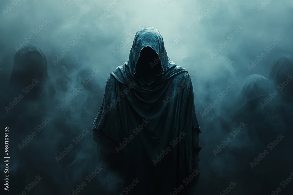 A hooded figure stands alone, surrounded by disapproving gazes in an eerie, misty atmosphere during a tense confrontation